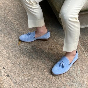 light blue suede tassel loafer shoes